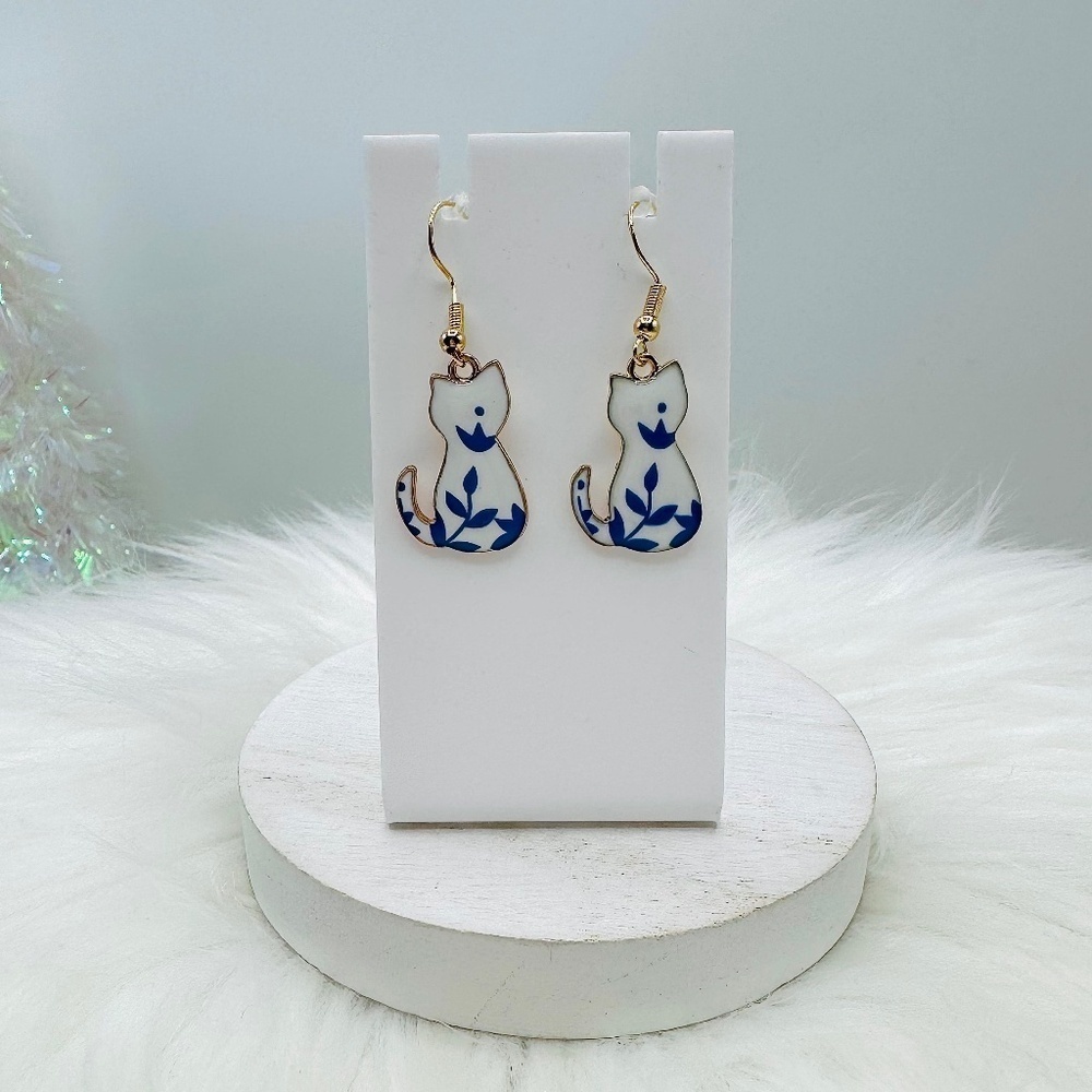 White Cat Enamel Earrings Blue Flower